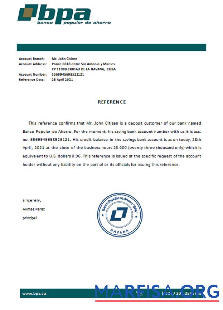 Downloadable Cuba Banco Popular de Ahorro reference real example